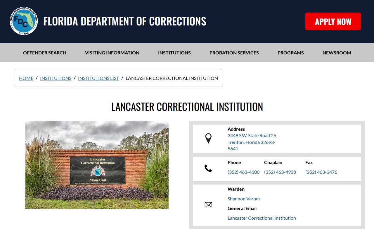 Lancaster Correctional Institution release records official FDOC profile